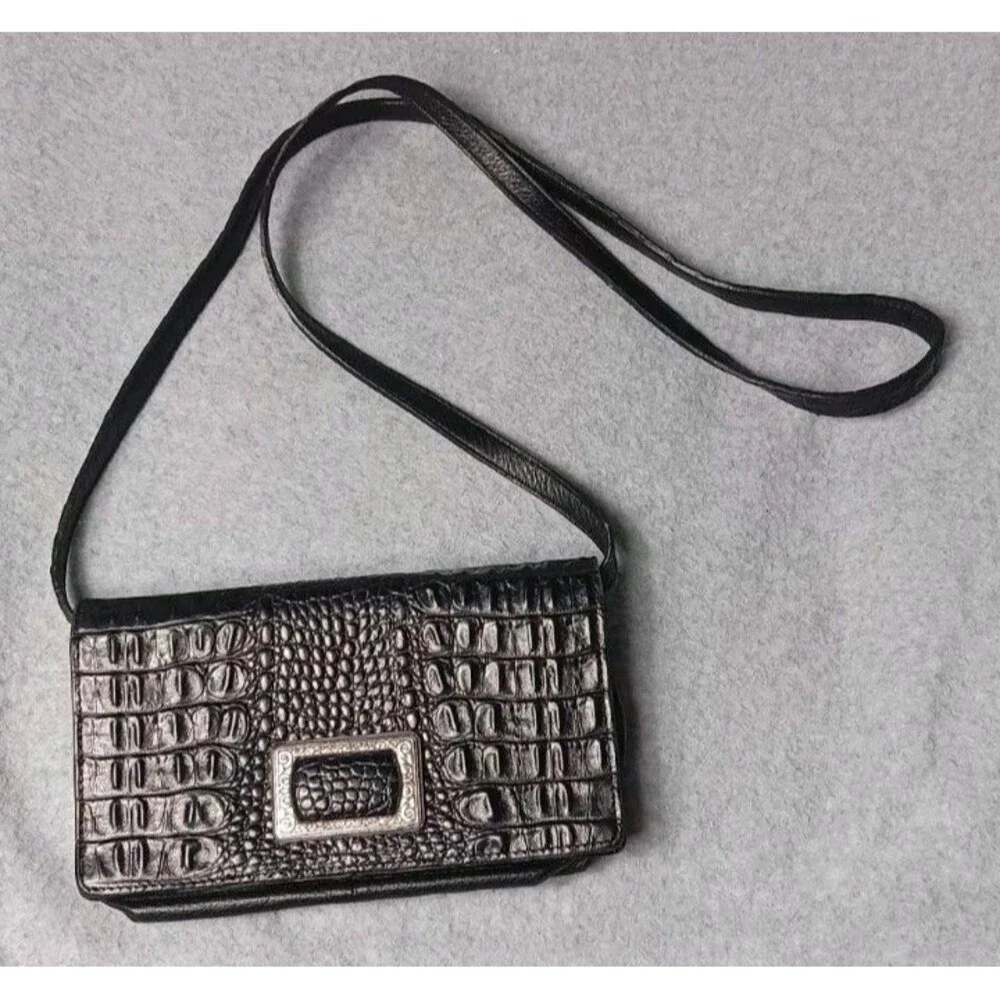 Brighton Black Croc Embossed Leather Crossbody Organizer Purse Silver Hardware - Picture 1 of 14